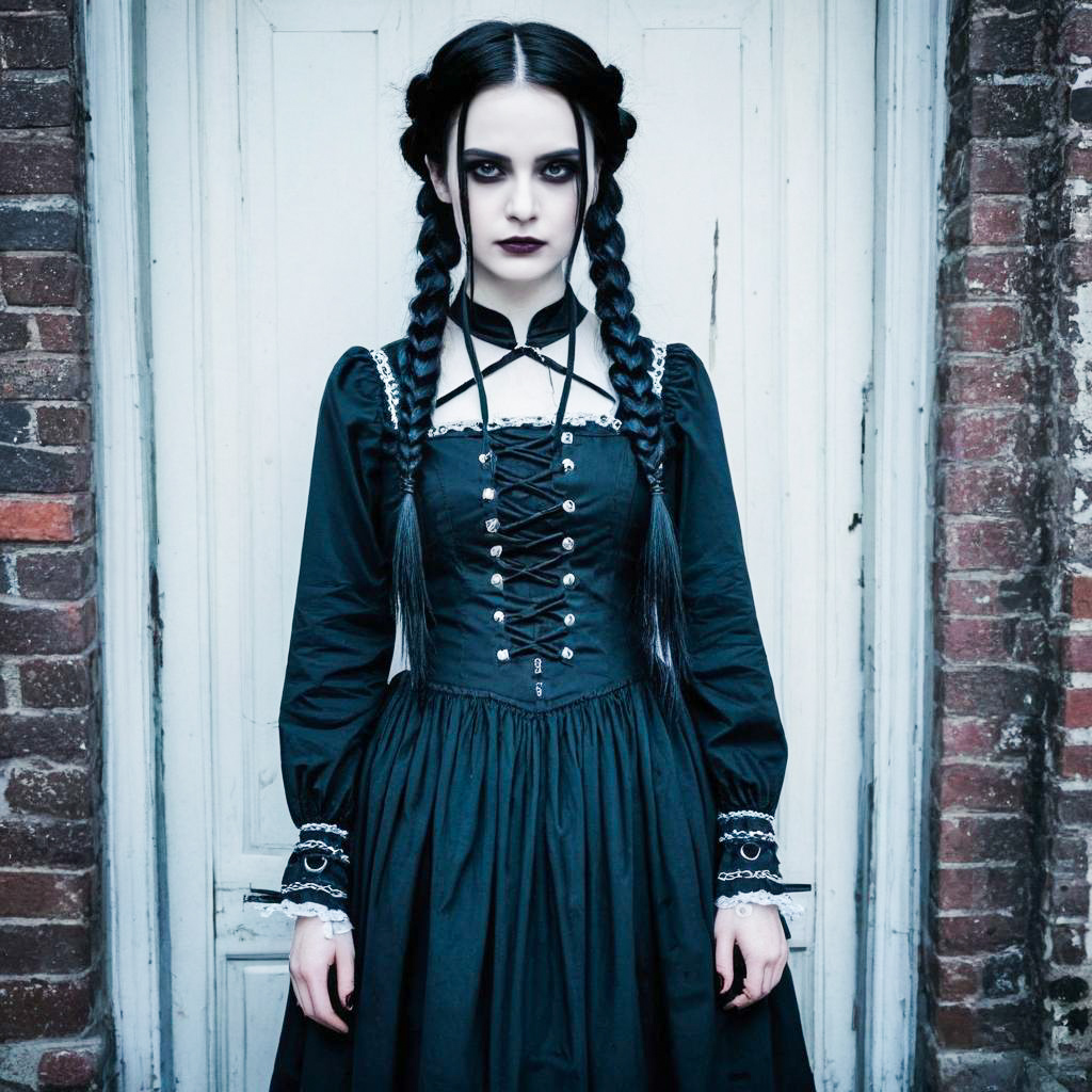 Gothic Woman in Black Dress by Weathered Door