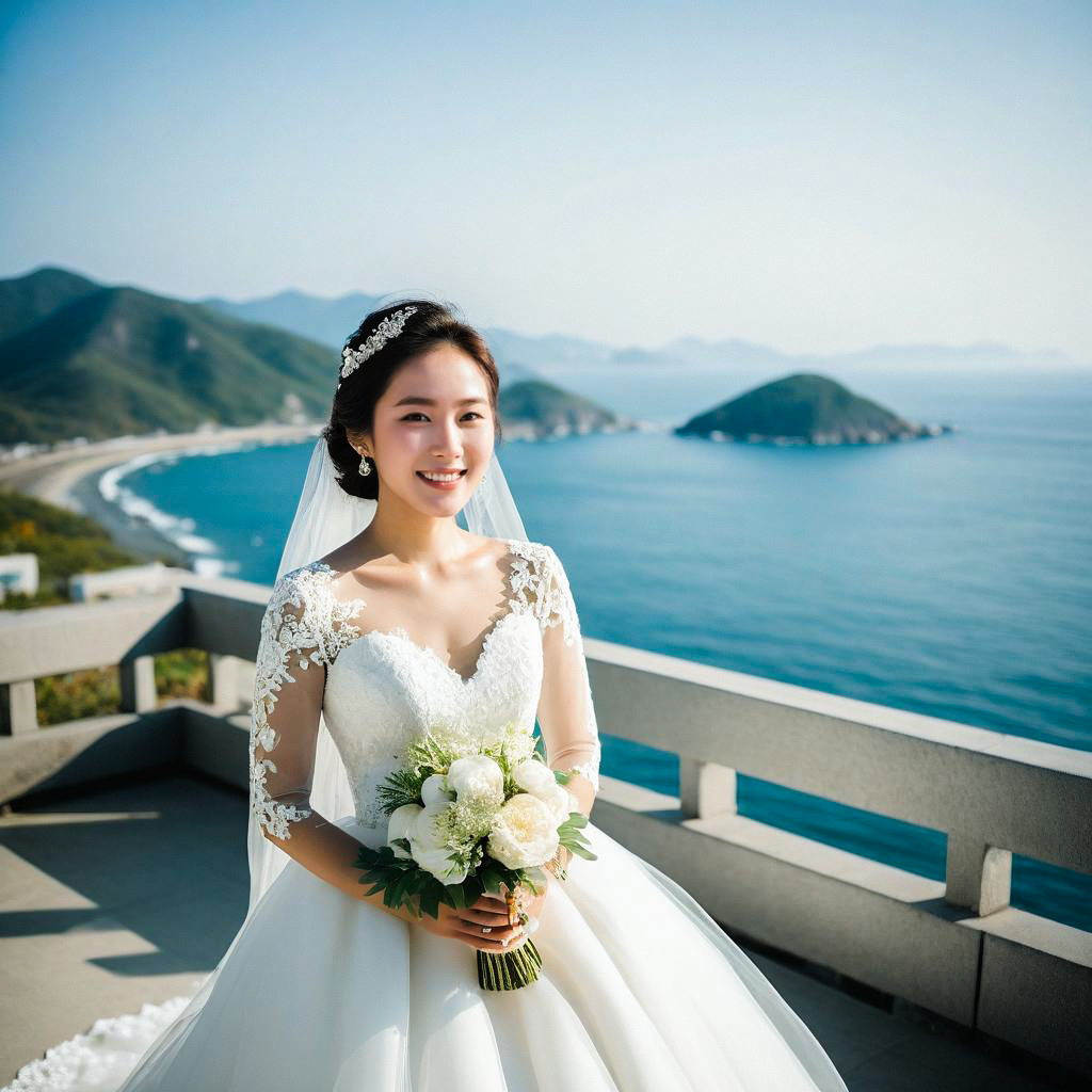 Radiant Bride on Coastal Balcony