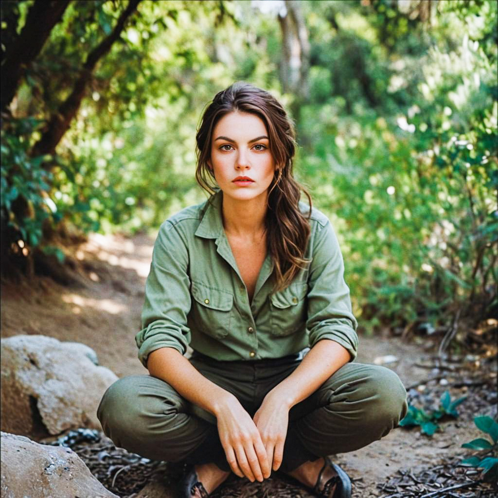 Young Woman in Olive Green Outfit in Lush Greenery