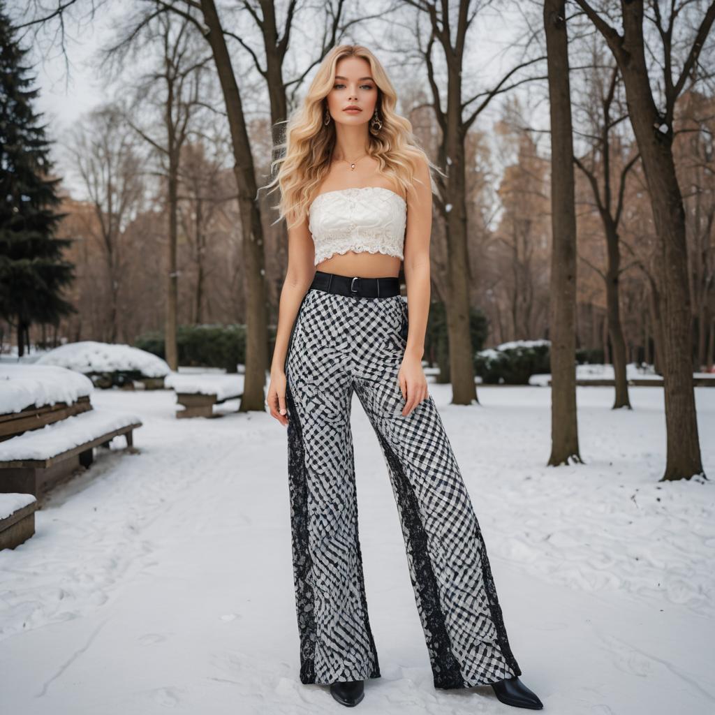 Fashionable Woman in Checkered Pants and Lace Top in Snowy Park