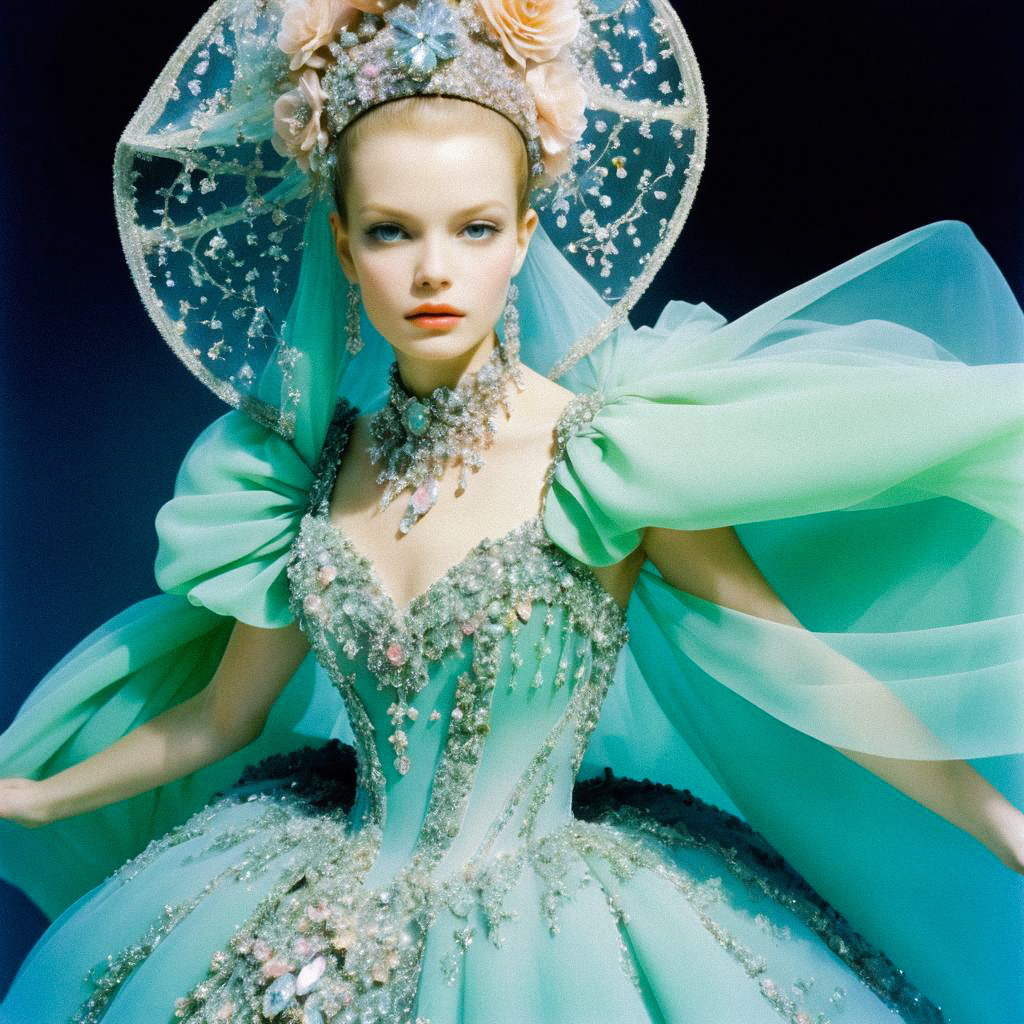 Ethereal Woman in Mint Green Gown with Beadwork