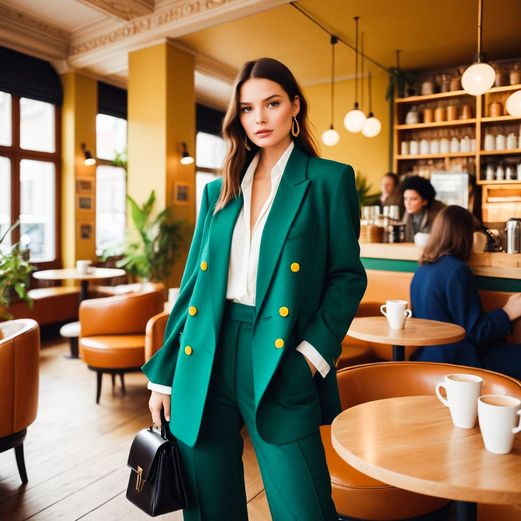 Confident Woman in Green Suit at Stylish Café