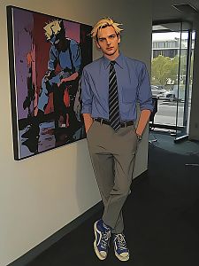 Young man in modern office with blue shirt and tie