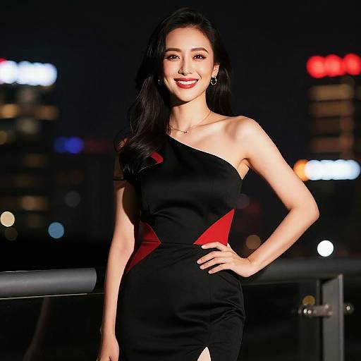 Elegant Young Woman in Modern Black and Red Dress on Urban Rooftop at Night