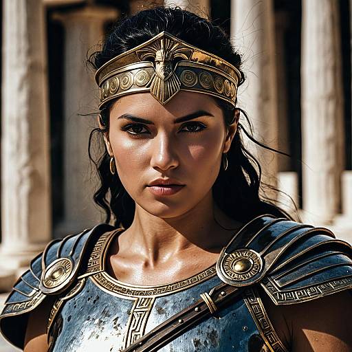 Portrait of Female Warrior in Ancient Armor and Golden Headpiece