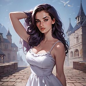 Confident Young Woman in Medieval Town