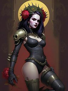 Confident Woman in Gothic Armor with Floral Crown
