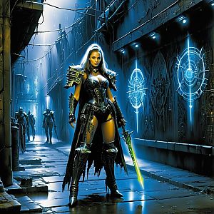 Fierce Woman Warrior in Futuristic Alley