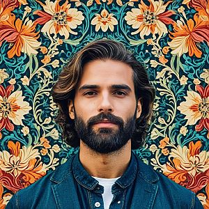 Confident Man with Wavy Hair and Beard Against Floral Background