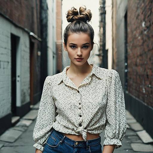Young Woman in Floral Blouse Standing in Urban Alleyway