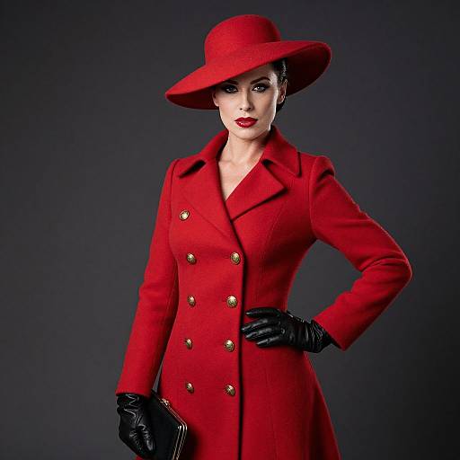 Elegant Woman in Red Double-Breasted Coat and Wide-Brimmed Hat