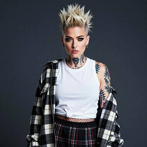 Gen Z Woman with Punk Style Tattoos and Spiked Blonde Hair in Plaid Outfit