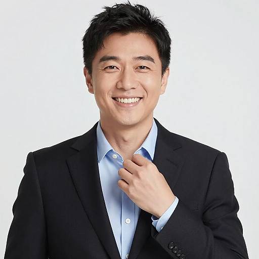 Smiling Young Asian Man in Business Suit Adjusting Collar