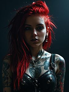 Edgy Portrait of Woman with Red Hair and Tattoos in Dark Leather Outfit