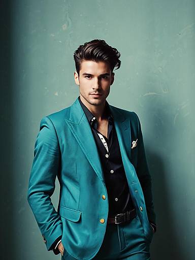 Man in Modern Fashion Teal Suit and Black Shirt Photorealistic