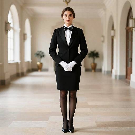Woman Butler in Black Suit and White Gloves Standing in Elegant Corridor