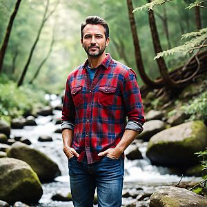 Confident man in forest with stream