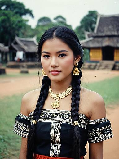Traditional Cambodian National Costume Woman With Braids and Gold Jewelry