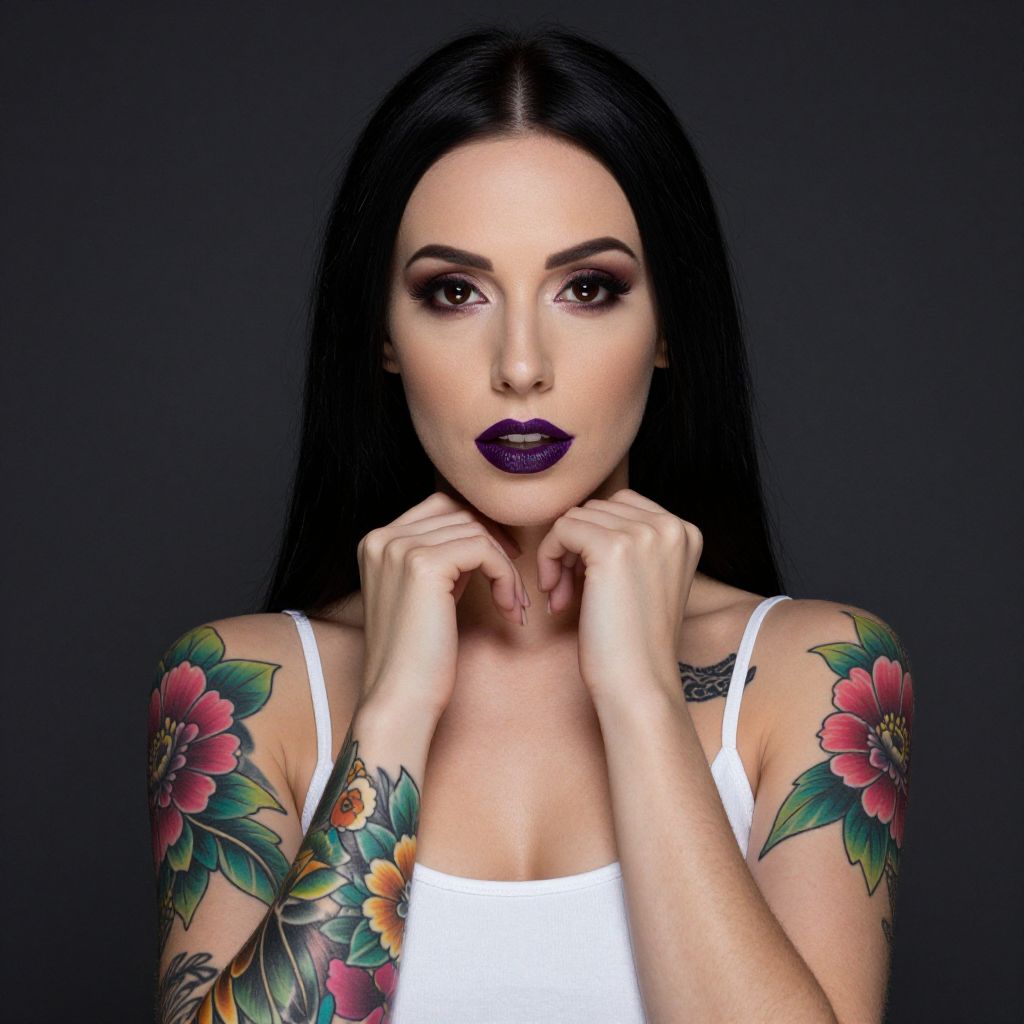 Portrait of Woman with Floral Tattoos and Bold Makeup