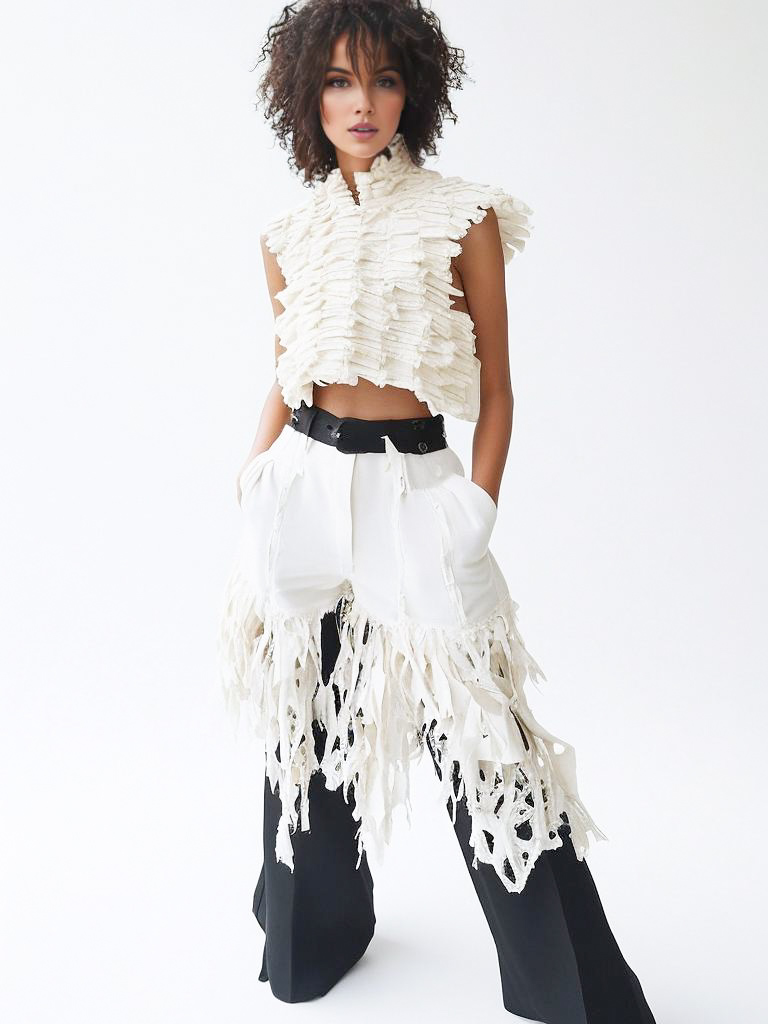 Fashion-forward woman in fringed top and black pants