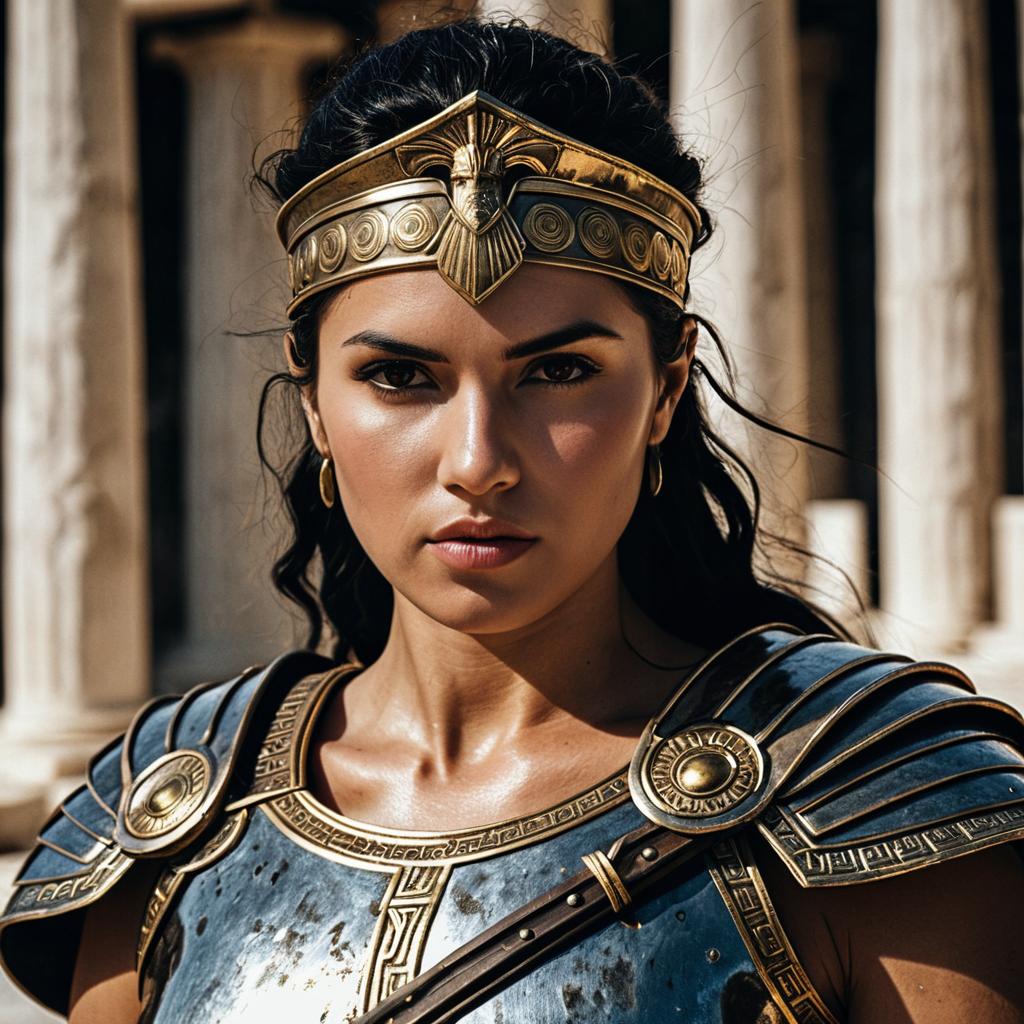 Portrait of Female Warrior in Ancient Armor and Golden Headpiece