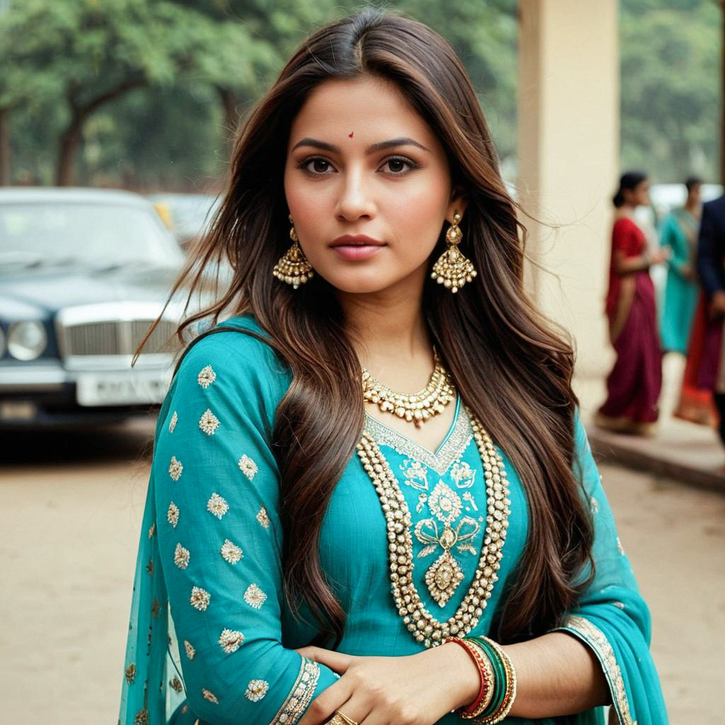 Young Woman in Turquoise Salwar Suit with Jewelry