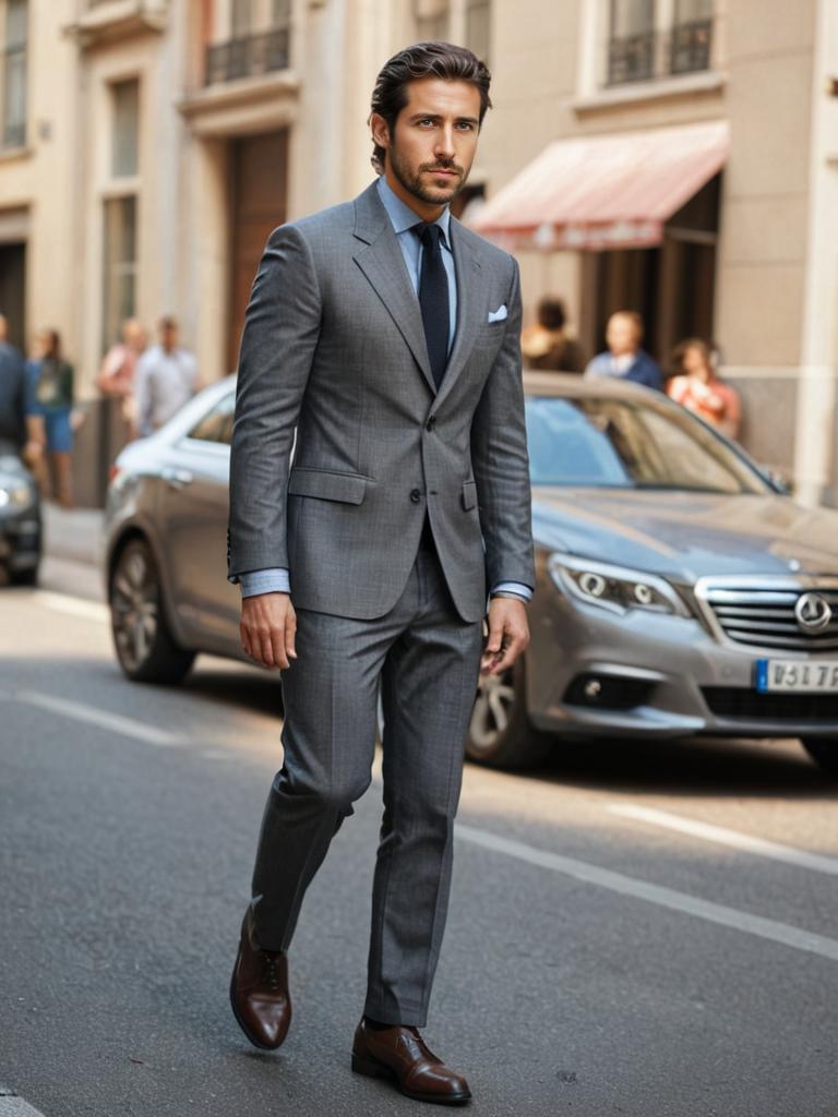 Man in Grey Suit Walking on City Street