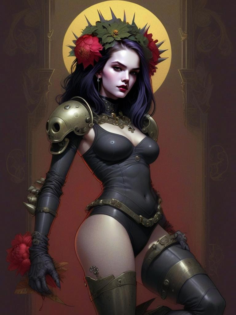 Confident Woman in Gothic Armor with Floral Crown
