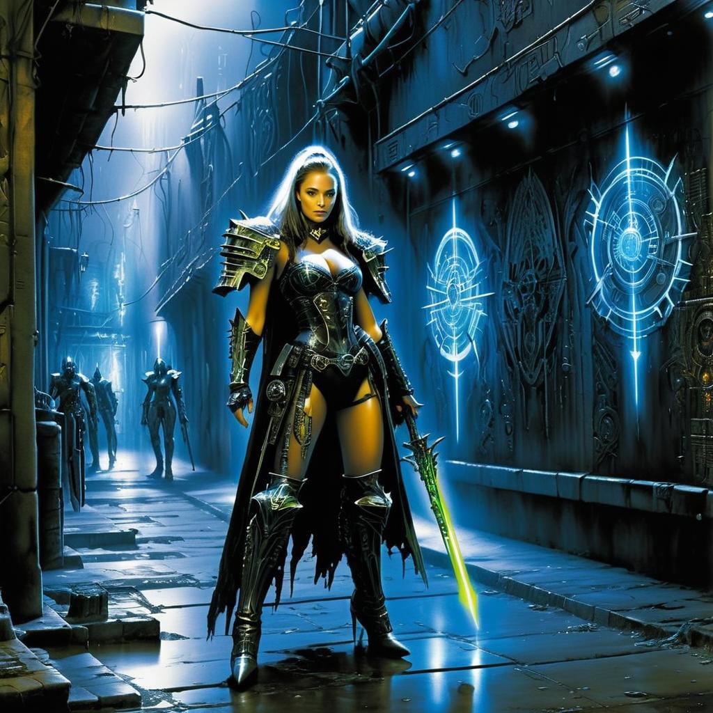 Fierce Woman Warrior in Futuristic Alley