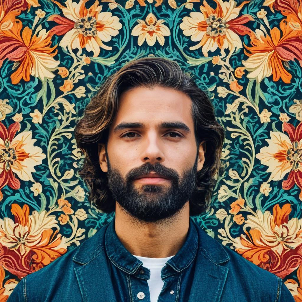Confident Man with Wavy Hair and Beard Against Floral Background Confident Man with Wavy Hair and Beard Against Floral Background