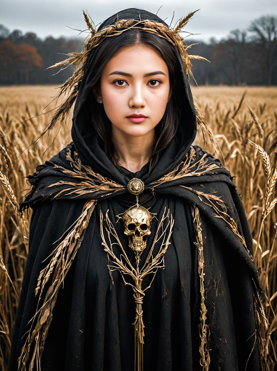 Mystical Woman in Cloak Among Golden Fields