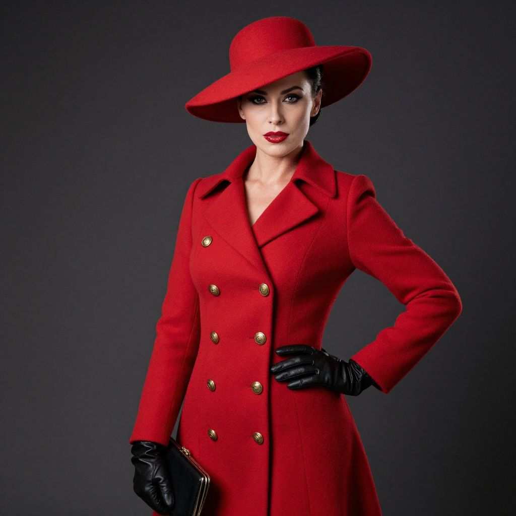 Elegant Woman in Red Double-Breasted Coat and Wide-Brimmed Hat