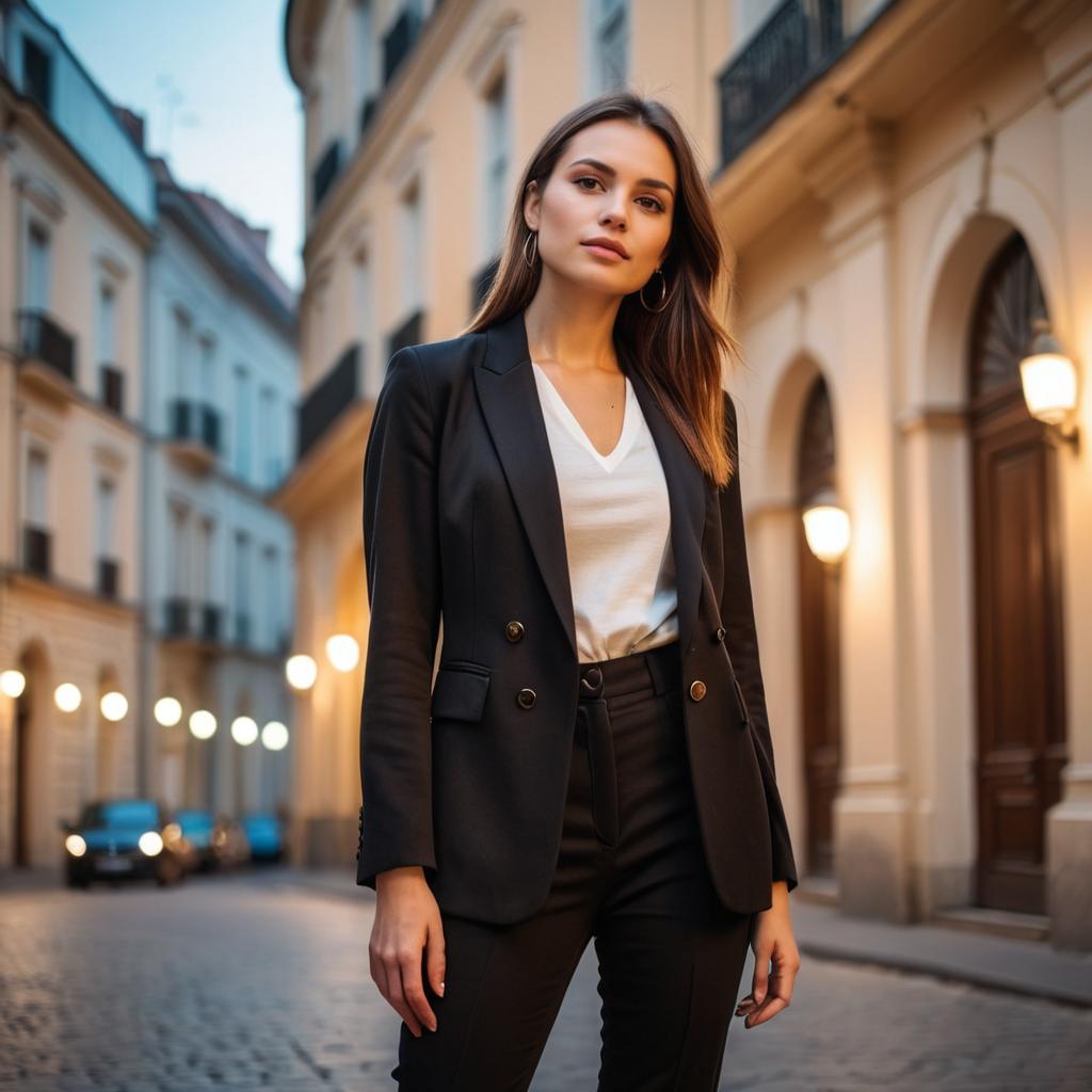 Confident Woman in Black Blazer on European Street at Twilight