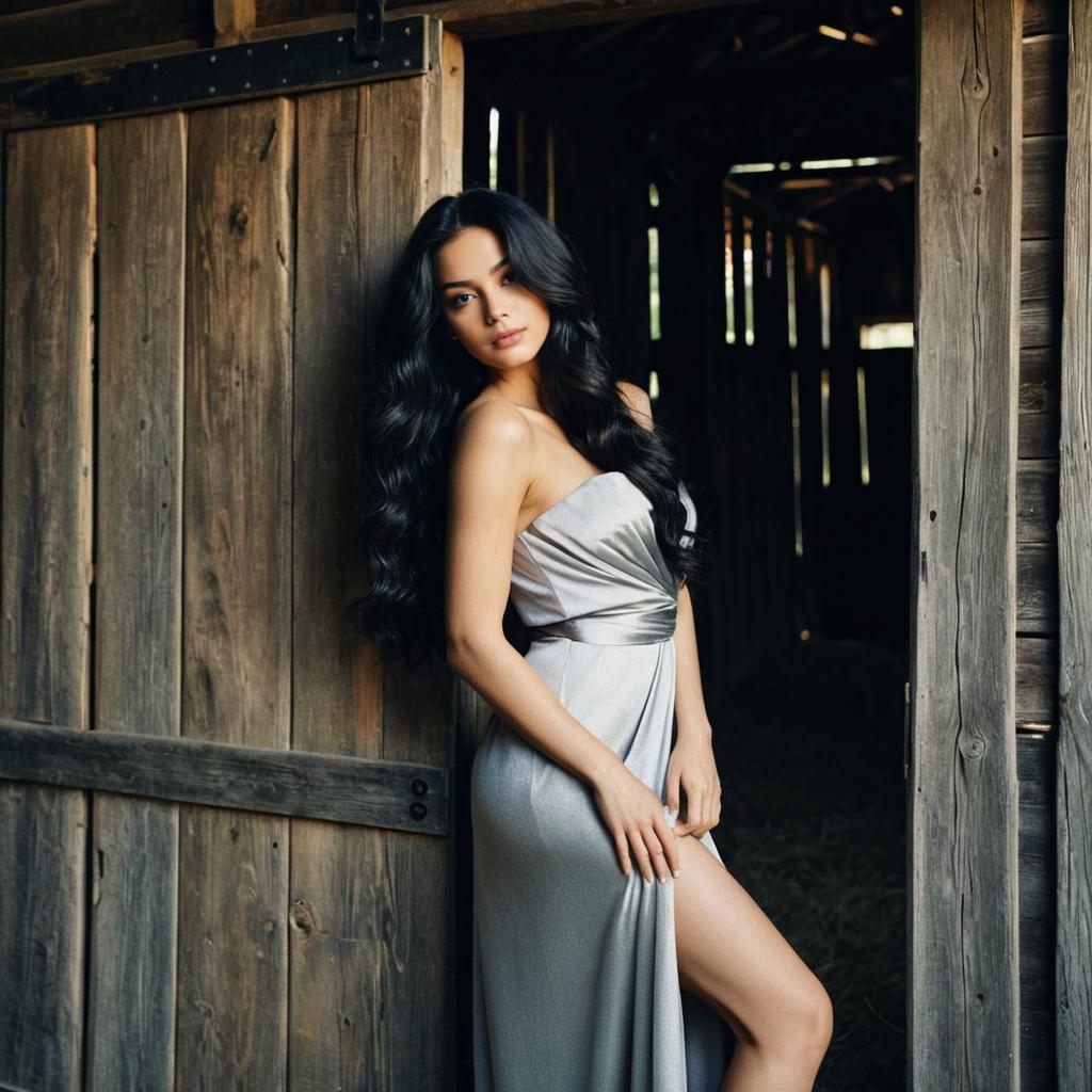 Elegant Woman in Silver Gown by Rustic Barn Door