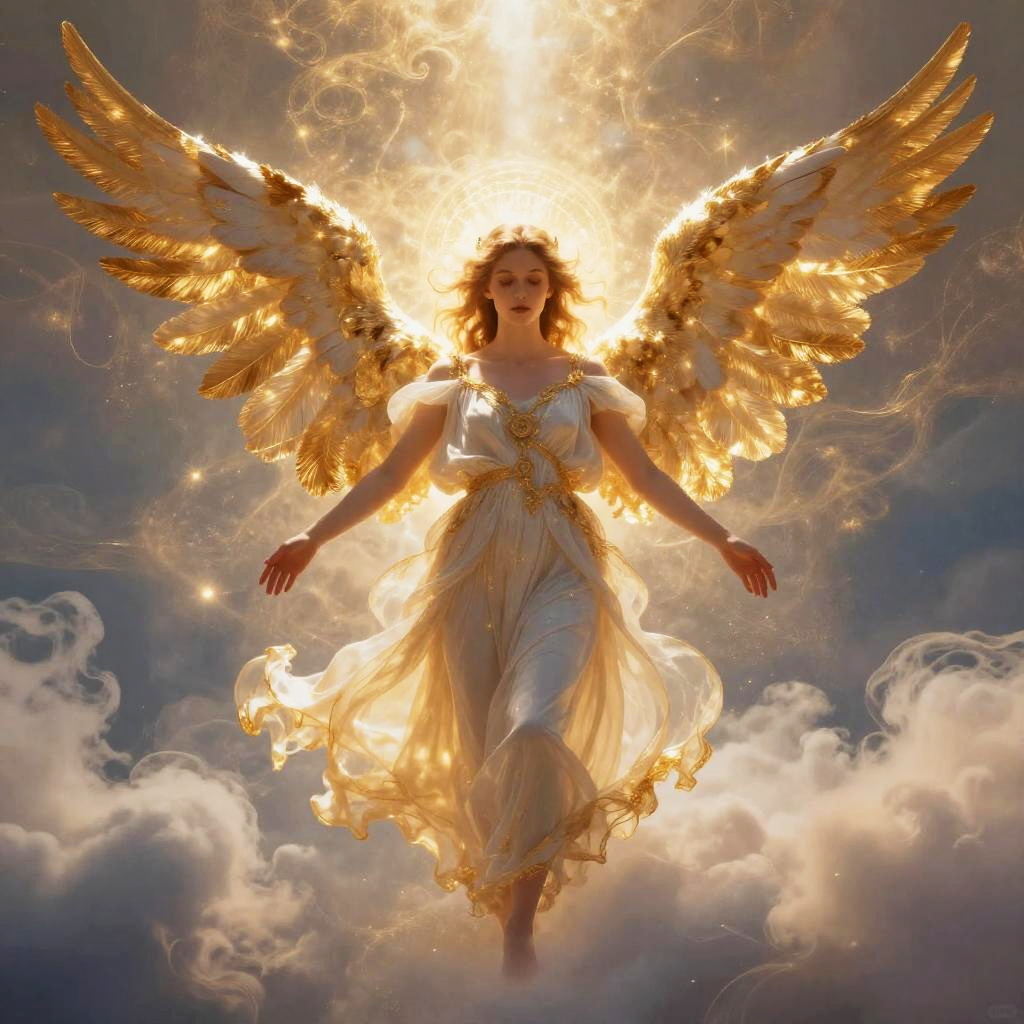 Golden Winged Angel Woman in Ethereal Light with Flowing Gown