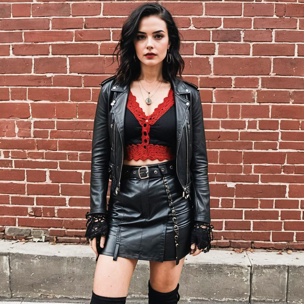 Confident Woman in Edgy Black Leather Against Brick Wall