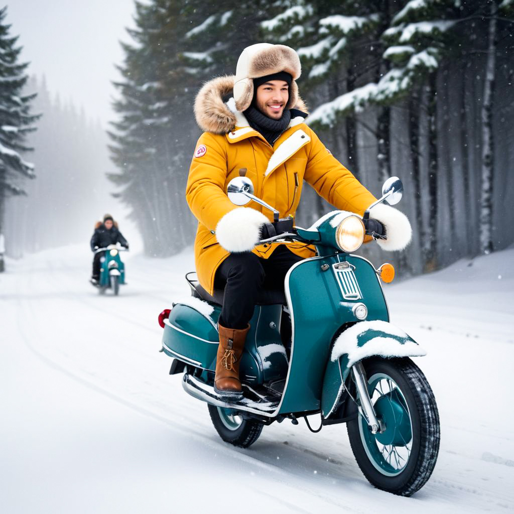 Man on Vintage Scooter in Snowy Landscape