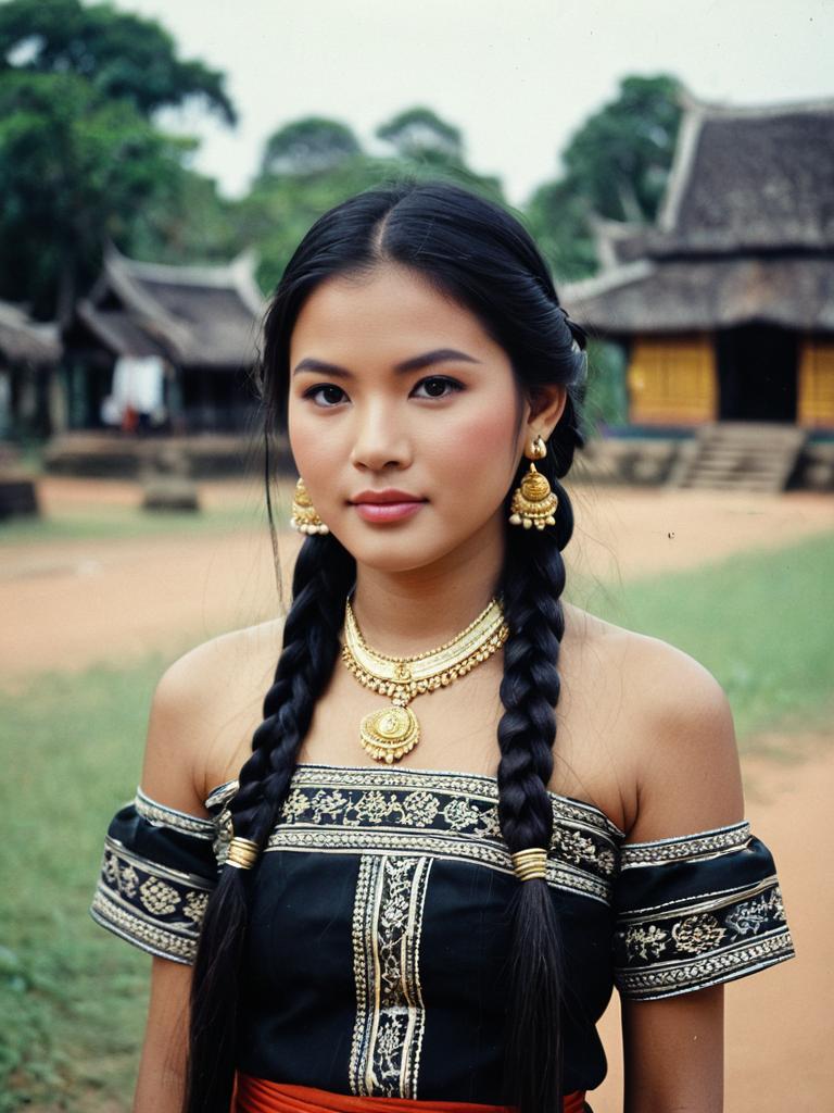 Traditional Cambodian National Costume Woman With Braids and Gold Jewelry