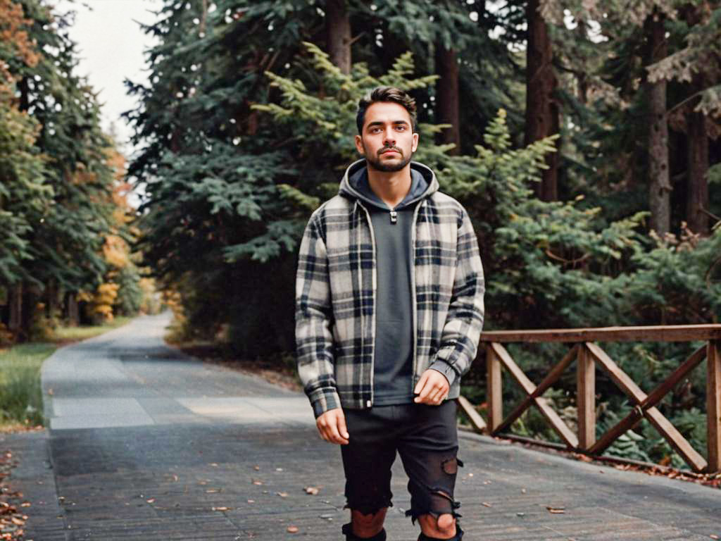 Young man walking in autumn forest