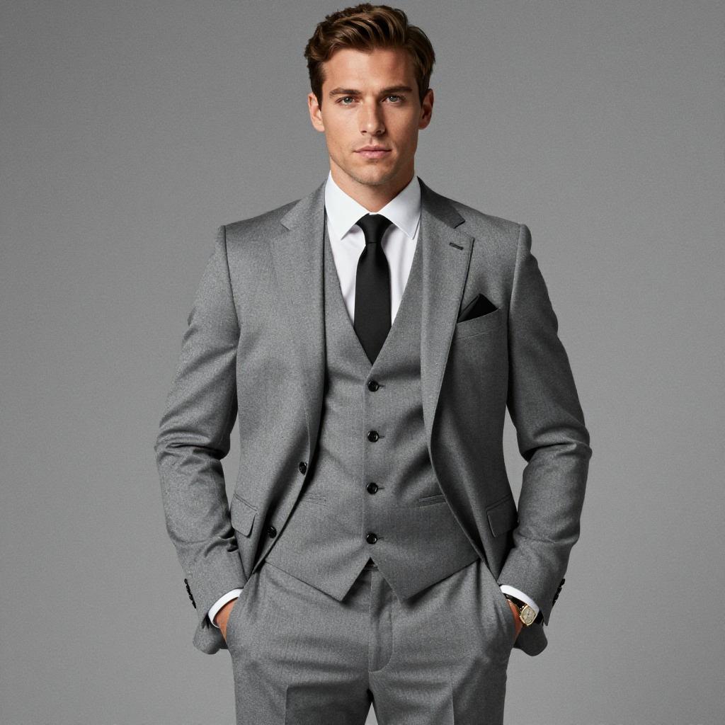 Confident Man in Tailored Grey Three-Piece Suit with Black Tie