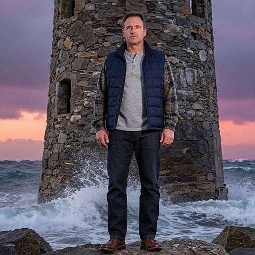 Man Standing by Stone Tower on Rocky Shore with Ocean Waves at Sunset