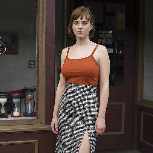 Hand-Tinted Portrait of a Woman in Burnt Orange Top and Houndstooth Skirt with Hourglasses