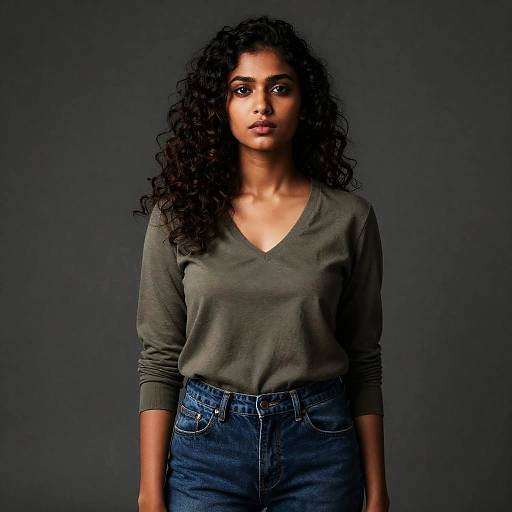 Confident Woman in Olive Green Top and Blue Jeans Portrait