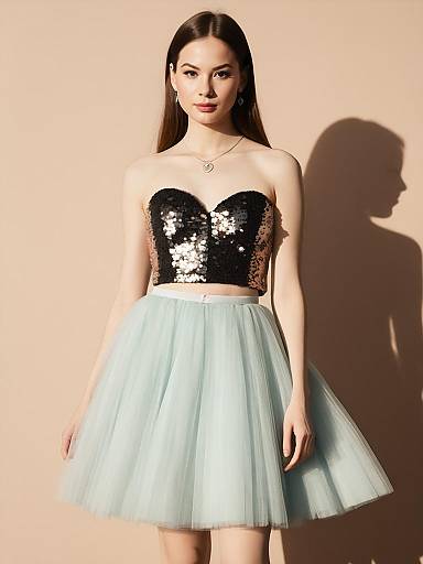 Woman in Black Sequin Strapless Bodice and Light Blue Tulle Skirt Cocktail Party Dress
