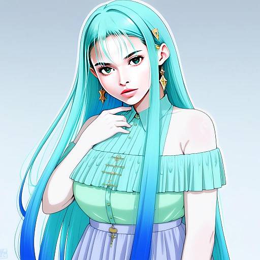 Anime Portrait of Woman with Turquoise Hair in Stylish Green Ruffled Top