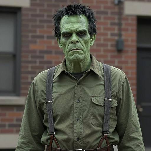 Man in Frankenstein Monster Costume with Green Makeup and Suspenders