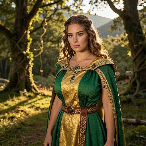 Medieval Fantasy Woman in Green and Gold Costume in Forest