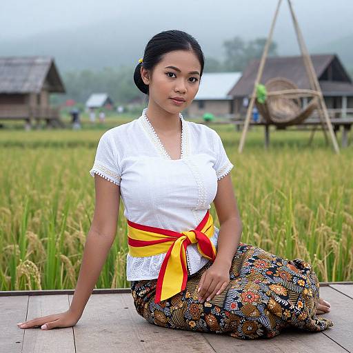 Young Woman in Traditional Southeast Asian Dress Sitting by Rice Field