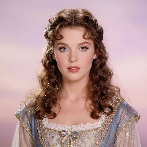 Portrait of Woman in Vintage Historical Costume with Soft Curls and Pastel Background