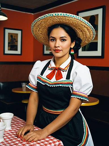 Woman in Traditional Mexican Waitress Costume with Sombrero in Restaurant